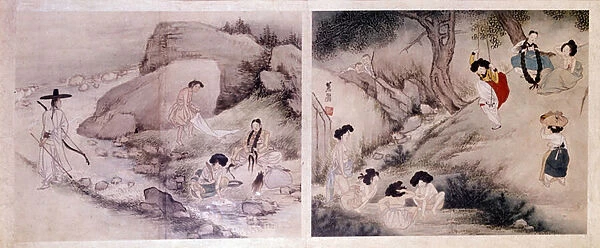 Art coreen: women washing their clothes and dressing themselves, and women doing their toilets and entertaining themselves. Prints by Sin Yun Bok (or Hyewon) (b. 1758). Hyung Pil Chun Collection