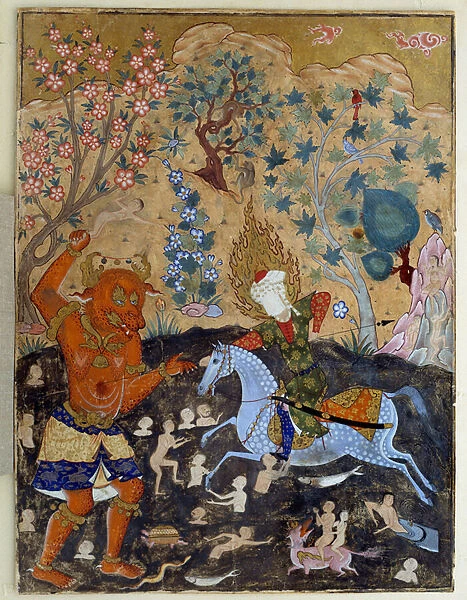 Art Islam: Page of a falnama: Iman Reza fights a Div (demon). Painting in 'Livre des presages', 1550. Dim: 0, 44 x 0, 59m. Paris, Musee Du Louvre