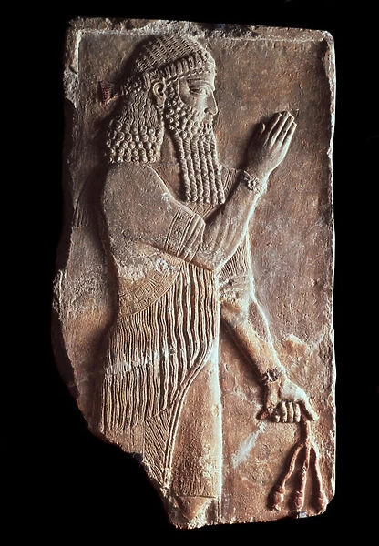 Art Mesopotamie (Assyrie) : bas relief representant un pretre tenant une branche de grenadier. (Priest with a branch of pomergranate tree) Provenant du palais du roi d Assyrie Sargon II (721 - 705 av JC) Musee de l ermitage
