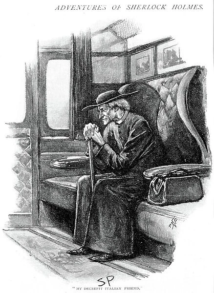 Arthur Conan Doyle The Adventure of the Final Problem Strand Magazine, London, 1893. Illustrated by Sidney E. Paget (1860-1908), first artist to draw Holmes. Holmes, as old Italian priest, waits for Boat Train to pull out of Victoria Station, London