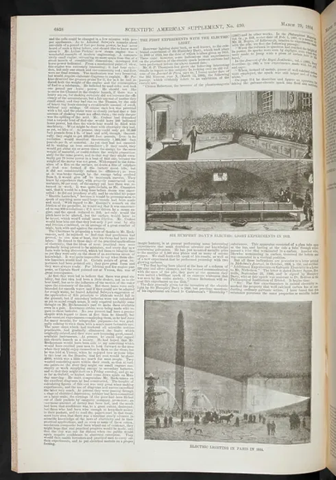 Framed Print : Article on the first experiments with the electric light. Illustration showing: Sir Humphry Davy's electric light experiments in 1813. Electric lighting in Paris in 1844 Framed Print : Article on the first experiments with the electric light. Illustration showing: Sir Humphry Davy's electric light experiments in 1813. Electric lighting in Paris in 1844