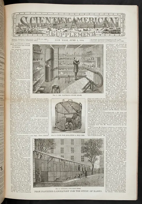 Framed Print : Article on Prof.Pasteur's laboratory for the study of rabies. Fig. 1: Mr Pasteur's room. Fig.2: A cage for isolating a mad dog. Fig.3: Kennel for mad dogs Framed Print : Article on Prof.Pasteur's laboratory for the study of rabies. Fig. 1: Mr Pasteur's room. Fig.2: A cage for isolating a mad dog. Fig.3: Kennel for mad dogs