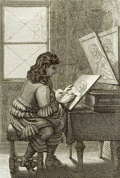 An artist copying onto an engraving plate, printed 1737 (engraving)