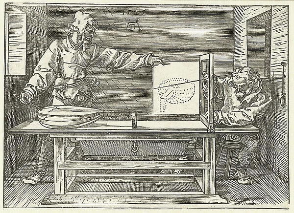 Artist drawing a lute, 1525 (woodcut)