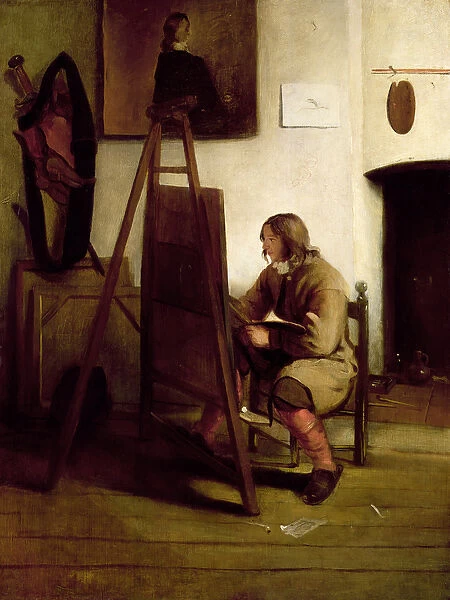 An artist in his studio (oil on panel)