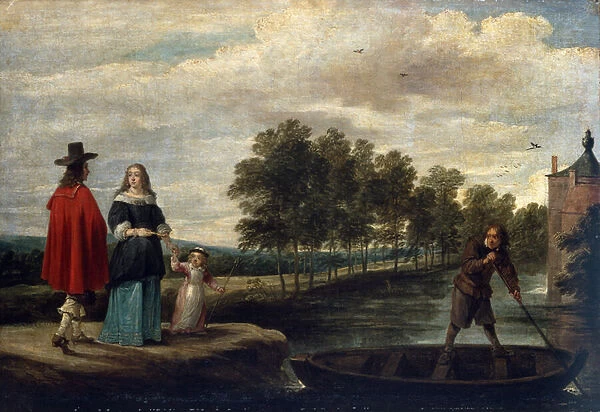 The Artist, his Wife and Child by the Moat of his Mansion, Perck (oil on canvas)