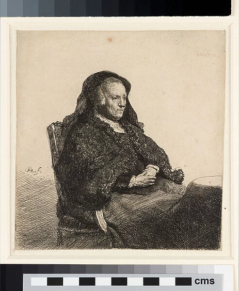 The artists mother seated at a table, c. 1631 (etching)