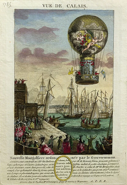Ascent of a Mongolfiere hot air balloon at Calais in 1785 (colour litho)