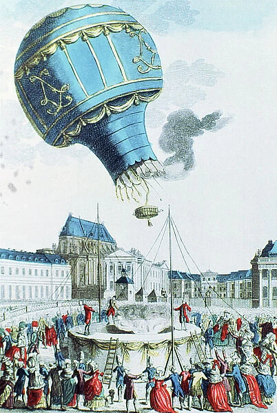 Ascent of the Montgolfier brothers hot-air balloon before the royal family at Versailles