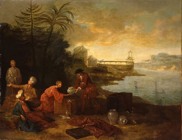 Asia - A European merchant buying porcelain from a Chinese trader, 1724 (oil on canvas)
