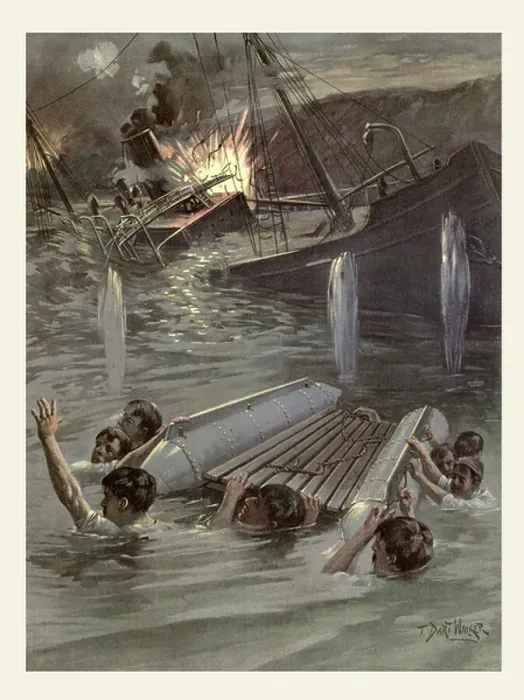 Framed Print : Assistant Naval Constructor, Lieutenant Richmond Pearson Hobson's attempt to sink the collier USS Merrimac in the entrance to Santiago harbor, Cuba to bottle up the Spanish fleet during the Spanish-American War in 1898