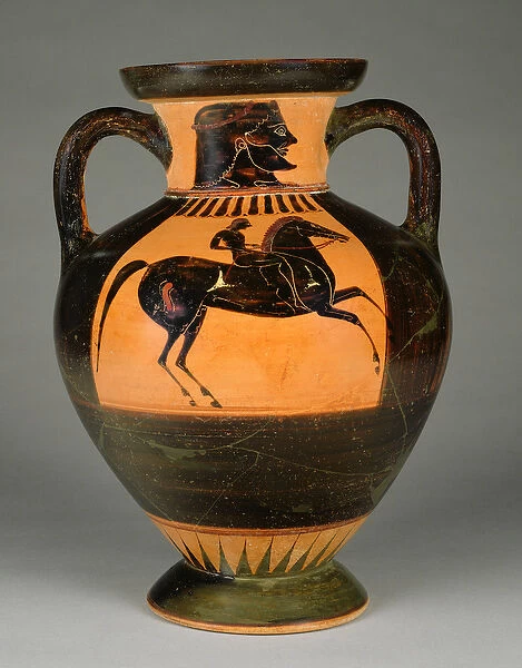 Athenian Attic black-figure amphora with naked rider, c. 570-60 (terracotta)