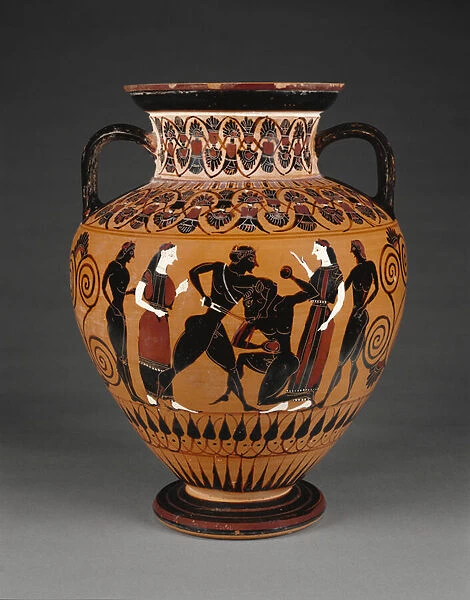 Athenian Attic black-figure neck amphora with Theseus killing the Minotaur, c. 550 BC (terracotta)