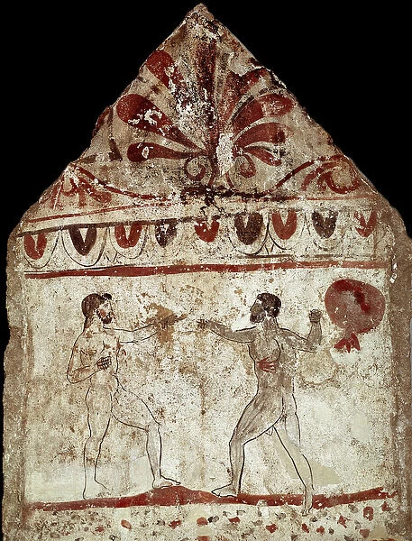 Two athletes playing pugilat (boxing) Lucanian fresco from the 4th century BC