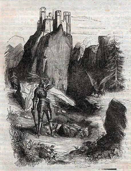 Atlant defeated by Bradamante - engraving of 1851 from 'Furious Roland'
