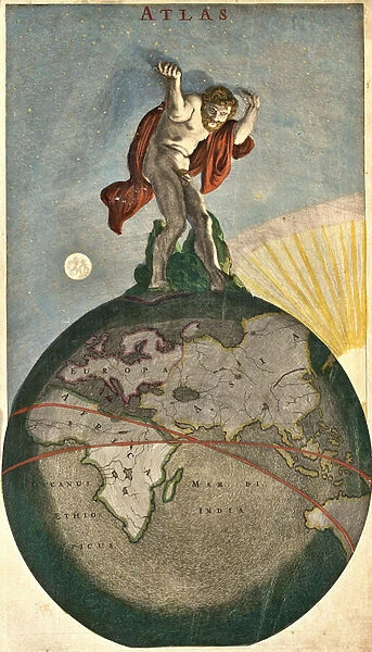 Atlas supporting the Celestial vault, levering on Earth (etching, 1671)