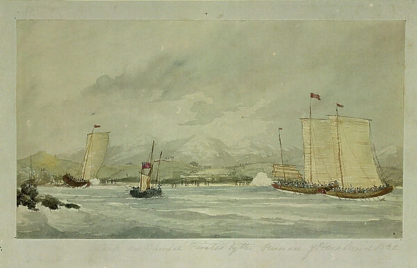 Attack on Chinese Pirates by the pinnace of HMS Druid, 1842, 19th century (watercolour)