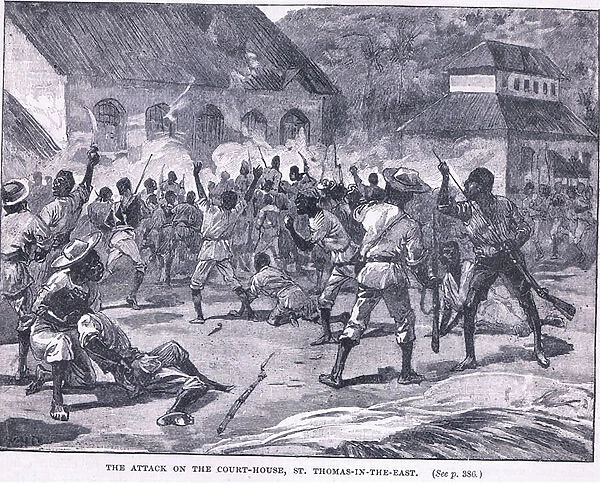 The attack on the cout house, St Thomas in the East, Jamaica (litho)
