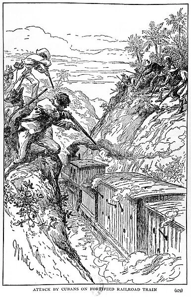 Attack by Cubans on fortified railroad train, illustration from