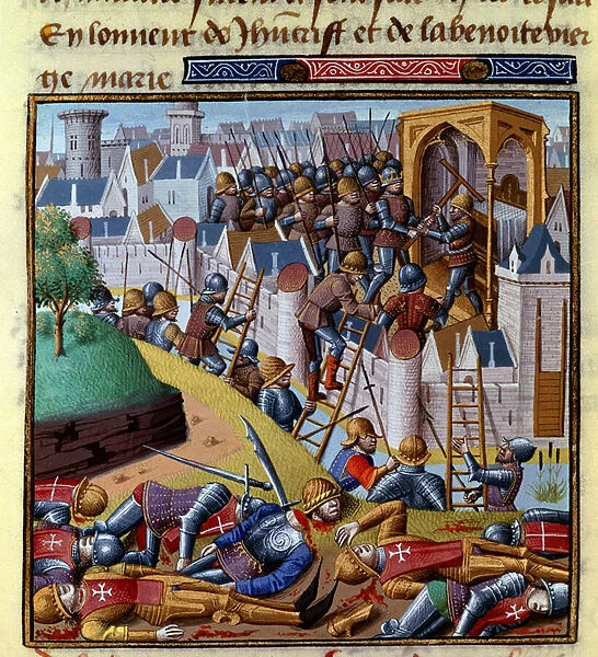Attack of a fortified town Miniature in 'Le miroir historial'(Speculum Historiale) by Vincent de Beauvais (1190-1264) translated into French by Jean de Vignay, 15th century. (ms. 1196, fol. 355 r) Chantilly, Musee Conde
