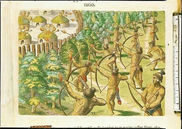 Attack on an Indian Village with Flaming Arrows, from Brevis Narratio