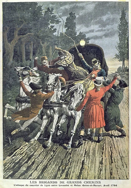 The Attack on the Lyon Mail Coach between Lieusaint and Melun by Highwaymen, April 1796, from Le Petit Journal, 1907 (colour litho)