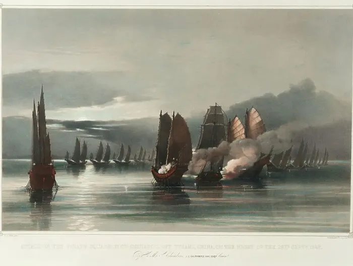 Framed Print : Attack on the Pirate Squadron of Chuiapoo, off Tysami, China, on the night of the 28th September 1849 by HMS Columbine, J C Dalrymple Hay, Esqr, Commr, c.1849 (print, lithograph, coloured) Framed Print : Attack on the Pirate Squadron of Chuiapoo, off Tysami, China, on the night of the 28th September 1849 by HMS Columbine, J C Dalrymple Hay, Esqr, Commr, c.1849 (print, lithograph, coloured)