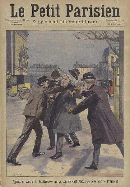 Attack on President Armand Fallieres of France in Paris (colour litho)
