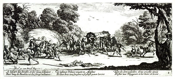 The Attack on the Stagecoach, plate 8 from The Miseries and Misfortunes of War, engraved by Israel Henriet (c. 1590-1661) 1633 (engraving) (b  /  w photo)