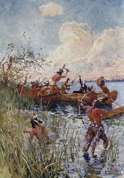 Attacked by Iroquois (colour litho)