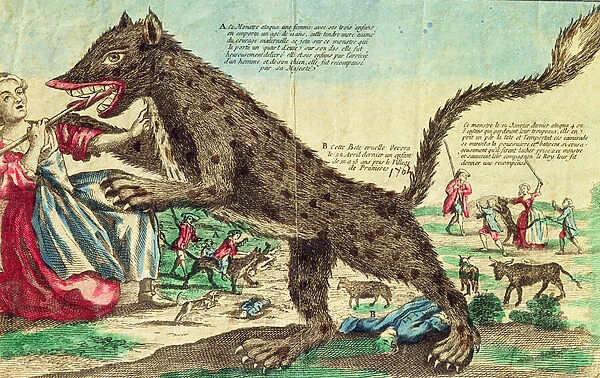Attacks by the beast of Gevaudan in 1764 (colour engraving)
