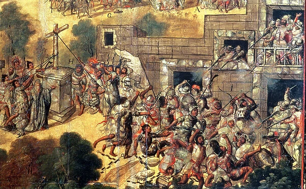 Detail of the Attempt to Pull Down the Cross facing the idols and stone throwing and arrow shots against Montezuma (1466-1520) 1698 (oil on panel)