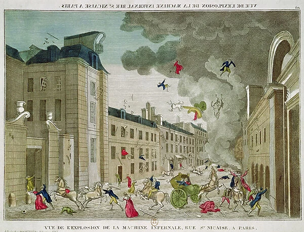 The Attempted Assassination of Napoleon Bonaparte (1769-1821) on the Rue Saint-Nicaise, Paris, 24th December 1800 (coloured engraving)