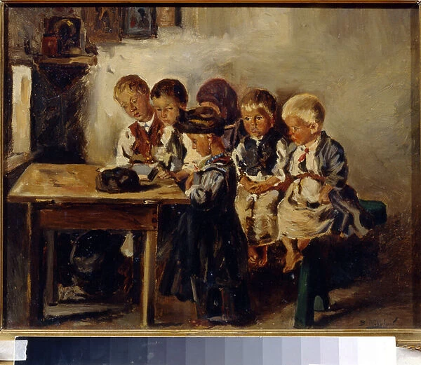 Attendre la maitresse. (Waiting for Teacher). Peinture de Vladimir Yegorovich Makovski (Makovsky, Makovskij) (1846-1920), huile sur toile, 1913. Art russe, 20e siecle. Regional Art Museum, Gorlovka (ou Horlivka, Ukraine)