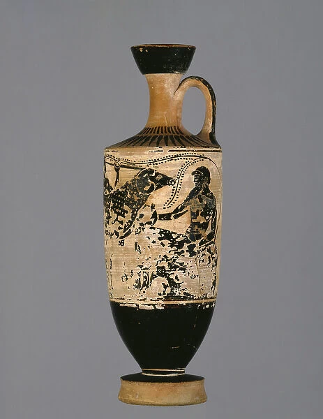 Attic black-figure lekythos decorated with Odysseus escaping from the cyclops Polyphemus