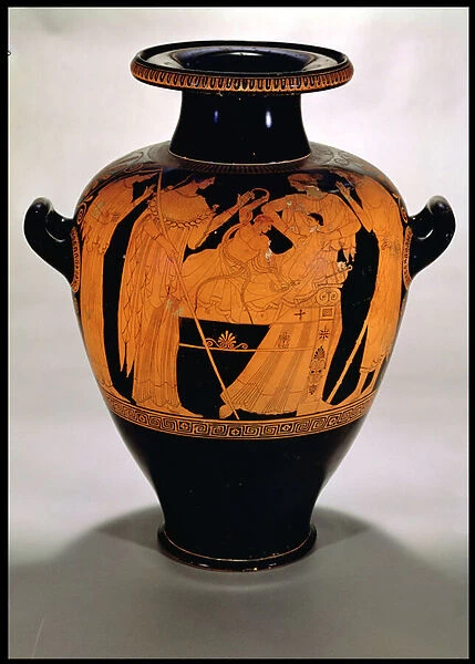 Attic red-figure stamnos depicting the Infant Herakles killing the snakes, from Vulci, Italy, c. 500-480 BC (pottery)