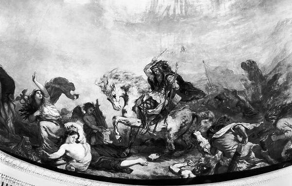 Attila the Hun (c. 406-453) and his hordes overrunning Italy and the Arts, 1838-47 (mural) (b  /  w photo)