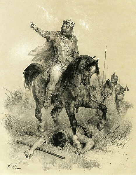 Attila (v. 395-453) the sole leader of the Huns in 445, ravaged the empires of the East and the West - Barbarian Invasions - Engraving by Victor Adam (1801-1866)