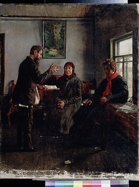 Au bureau de l'avocat (At Lawyer's office). Peinture de Ivan Anisimovich Mukhin (1876-1944), huile sur toile, art russe 19e siecle. State Regional I. Pozhalostin Art Museum, Ryazan (Russie)