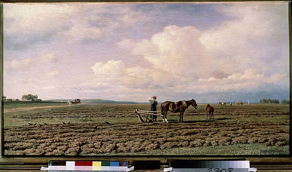 Au champ (At the Field). Description d un paysage de terres labourees, avec des paysans et leurs charrues tractees par des chevaux, au loin un attelage avance sur un chemin de terre