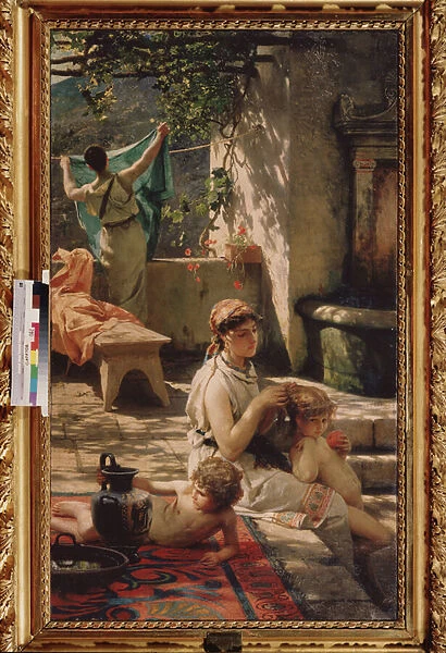 Au puits. (Une femme coiffe son enfant, une autre etend du linge). Peinture de Henryk Siemiradzki (1843-1902), huile sur toile, 1895. Art russe, academisme. State A. Radishchev Art Museum, Saratov (Russie)