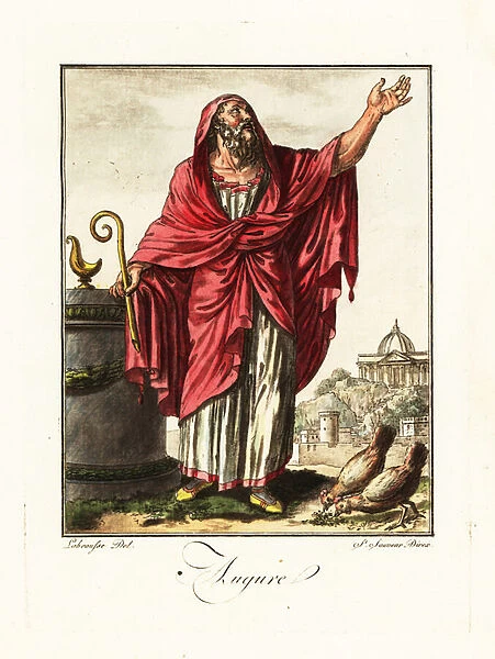 Augur performing ex tripudiis ritual, ancient Rome. 1796 (engraving)