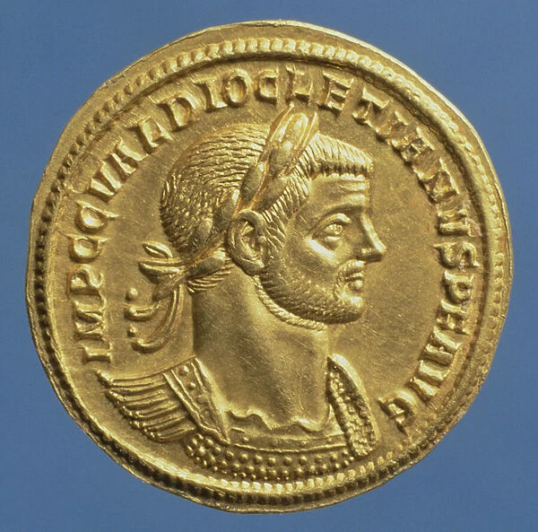 Aureus (obverse) of Diocletian (AD 284-AD 305) cuirassed, wearing a laurel wreath. (gold)