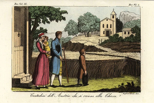 Austrian farmers on their way to church, 18th century (handcoloured copperplate engraving)