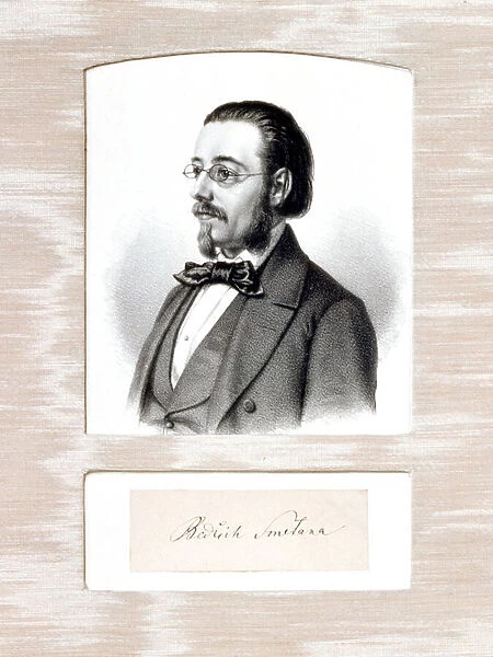 Autograph and portrait of Bed┼Öich Smetana (1824-1884), 19th century (litho)