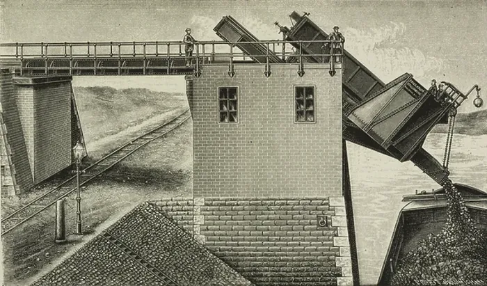 Framed Print : Automatic-hydraulic wagon unloader, plant for loading coal on ships, illustration from L'Industria, Rivista tecnica ed economica illustrata, Milan, 1898 Framed Print : Automatic-hydraulic wagon unloader, plant for loading coal on ships, illustration from L'Industria, Rivista tecnica ed economica illustrata, Milan, 1898