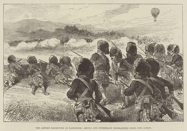 The Autumn Manoeuvres in Hampshire, Argyll and Sutherland Highlanders going into Action (engraving)