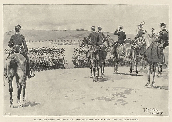 The Autumn Manoeuvres, Sir Evelyn Wood inspecting Highland Light Infantry at Aldershot (litho)