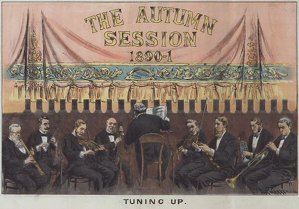 The Autumn Session 1890-1, Tuning Up, satire on late 19th century British politics (colour litho)