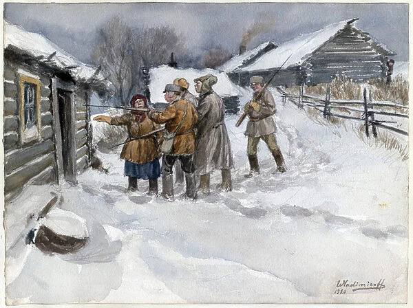 Avant la perquisition et la saisie - Before search and seizure (from the series of watercolors Russian revolution) - Vladimirov, Ivan Alexeyevich (1869-1947) - 1920 - Watercolour on paper - 25, 6x34, 3 - Private Collection